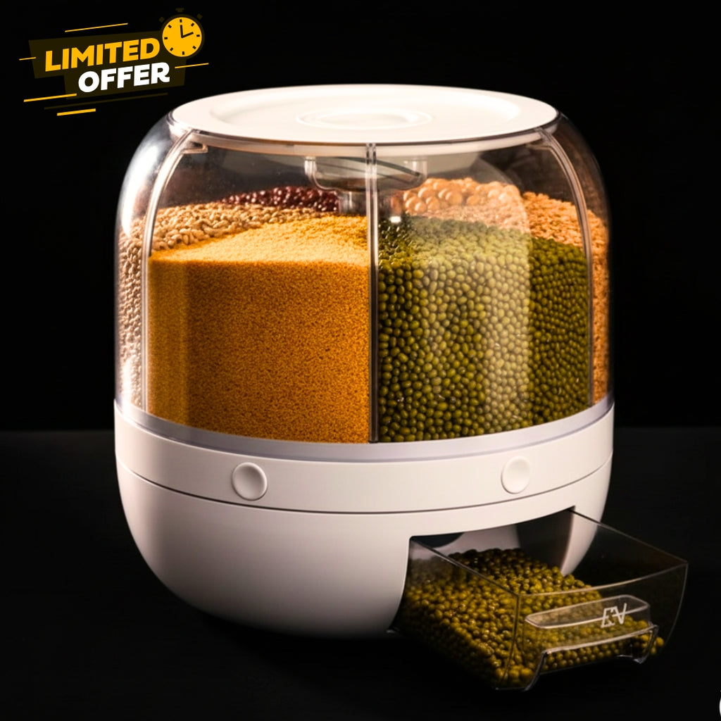 6-Grid Rotating Food Dispenser - Grain Storage Container with Measuring Cup