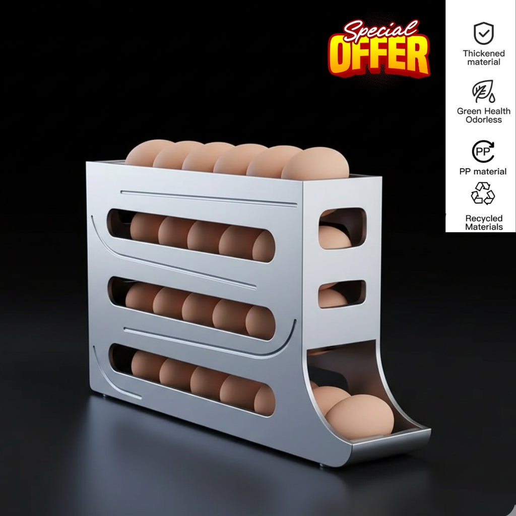 4-Tier Egg Dispenser for Fridge | Automatic Egg Rolling Storage Tray | Holds Up to 30 Eggs | Space-Saving Organized Refrigerator Egg Holder
