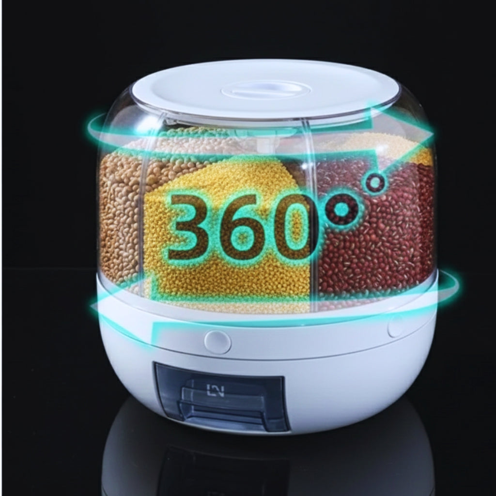 6-Grid Rotating Food Dispenser - Grain Storage Container with Measuring Cup