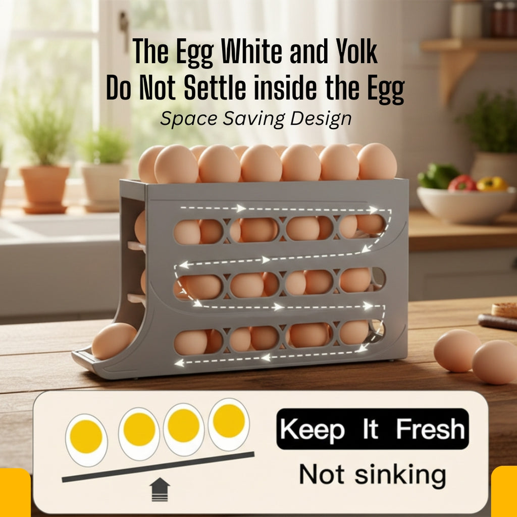4-Tier Egg Dispenser for Fridge | Automatic Egg Rolling Storage Tray | Holds Up to 30 Eggs | Space-Saving Organized Refrigerator Egg Holder