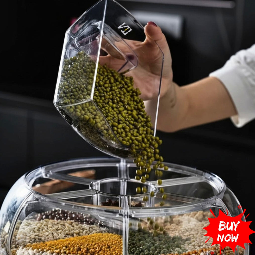 6-Grid Rotating Food Dispenser - Grain Storage Container with Measuring Cup