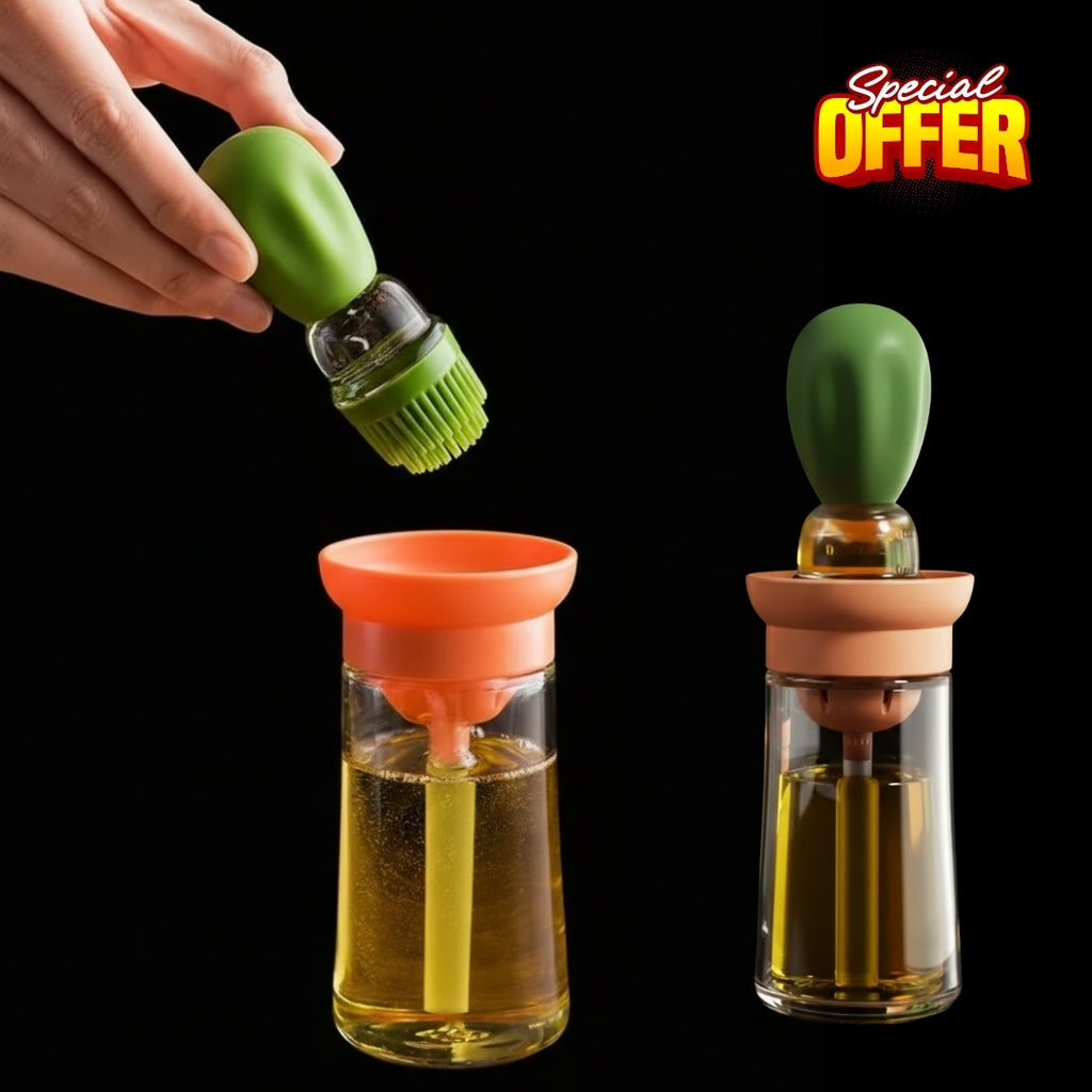 2-in-1 Glass Dispenser with Silicone Brush & Dropper | Measuring Oil Bottle for Healthy Cooking,Baking & BBQ etc